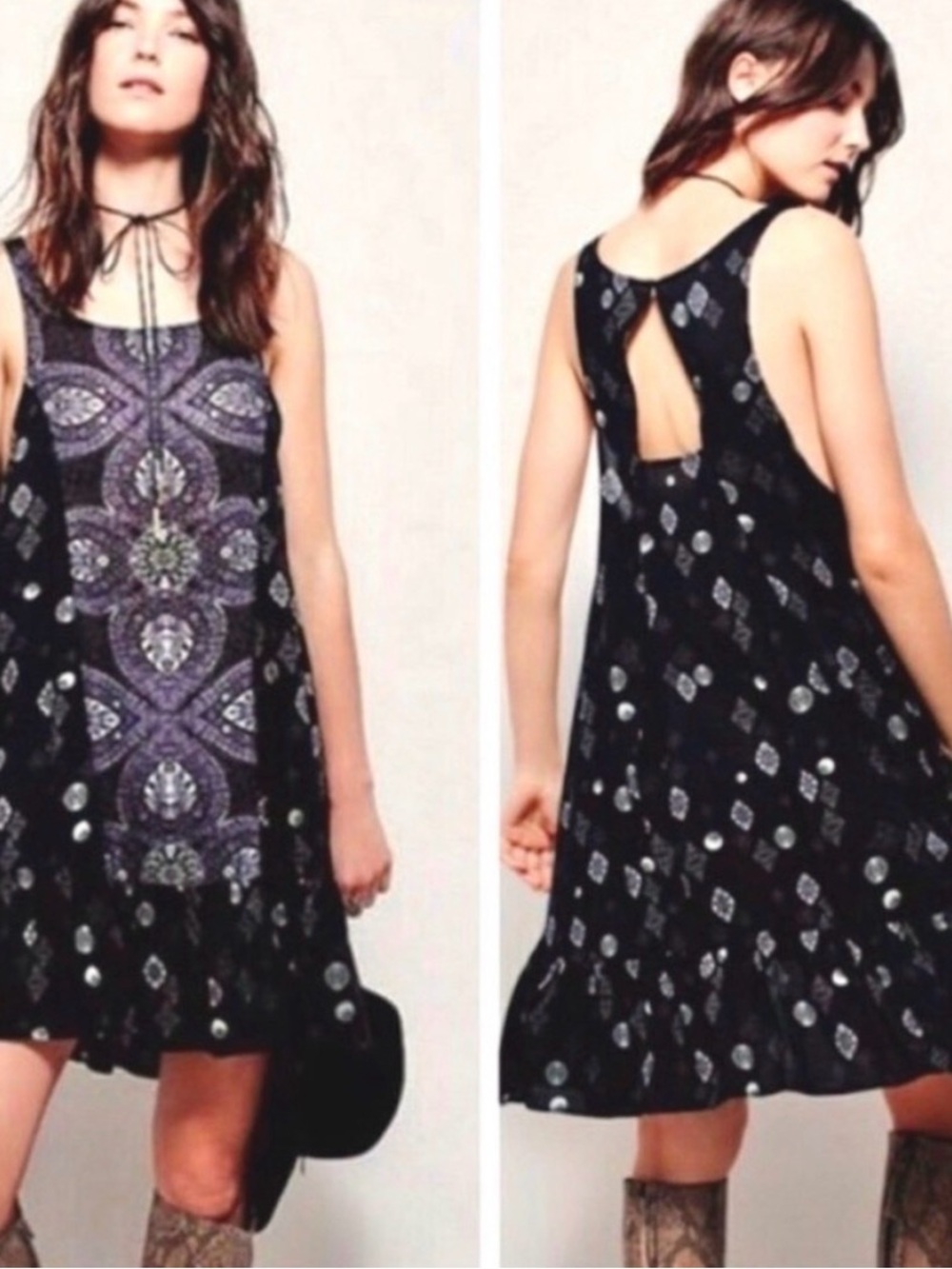 Free People Black Mini Dress with Purple Embroidered Motif